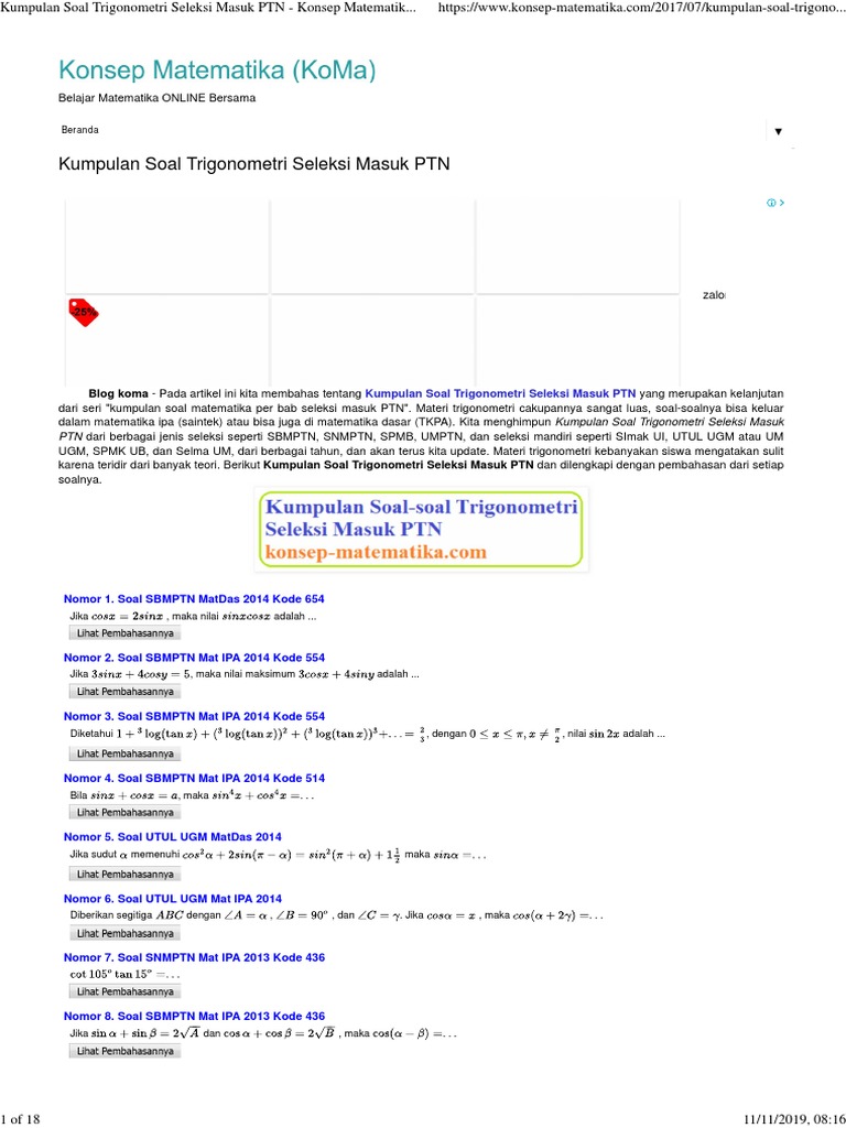Kumpulan Soal Trigonometri Seleksi Masuk Ptn Konsep Matematika Koma