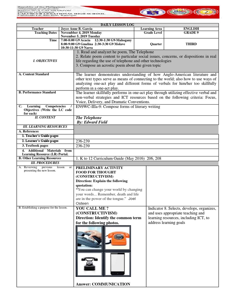 I. Objectives The Telephone By Edward Field PDF Inquiry Based