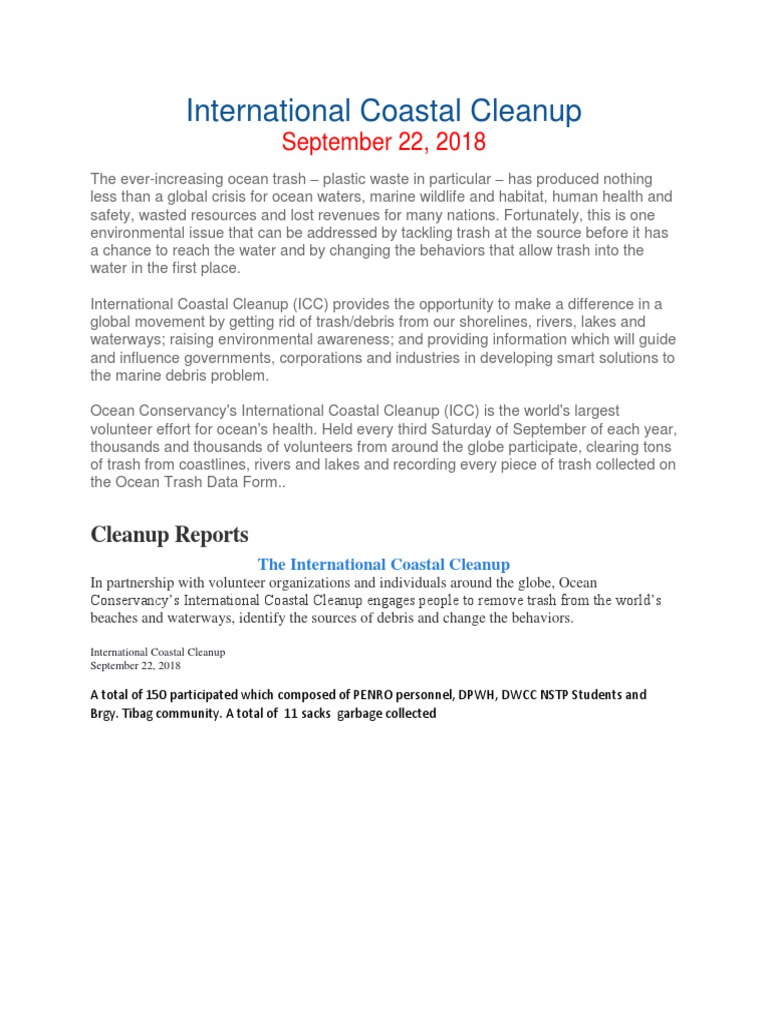 International Coastal Cleanup: September 22, 2018 | PDF | Science ...