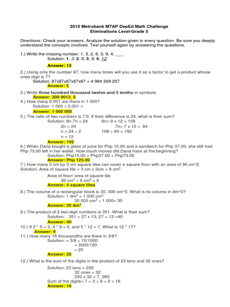 2015 MTAP 5 Reviewer | PDF | Triangle | Elementary Mathematics