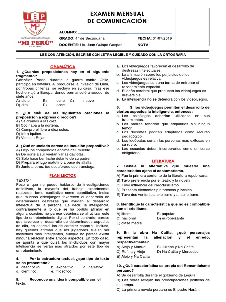 Examen Mensual de Comunicación 4° Sec. | PDF