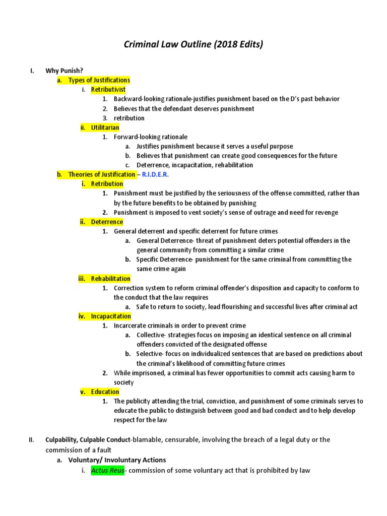 Criminal Law Theories and Culpability Outline | PDF | Murder | Mens Rea