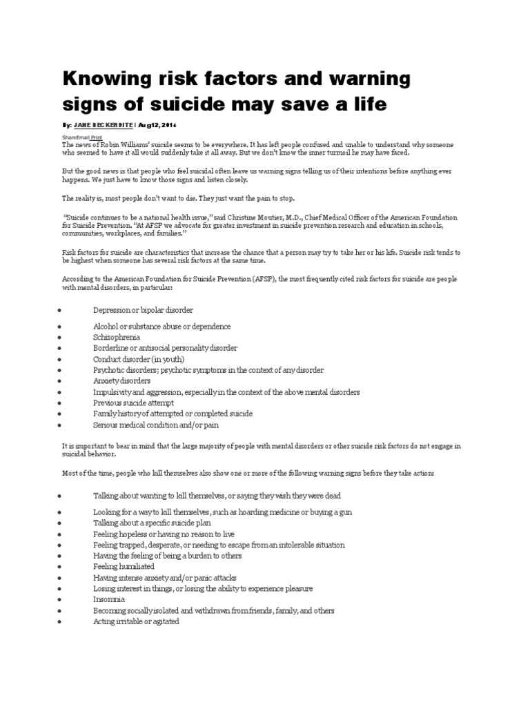 Knowing Risk Factors and Warning Signs of Suicide May Save A Life | PDF ...