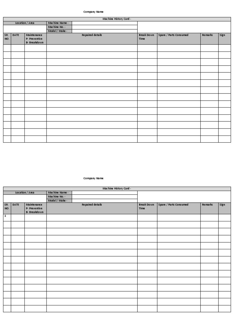 Equipment History Sheet PDF Business