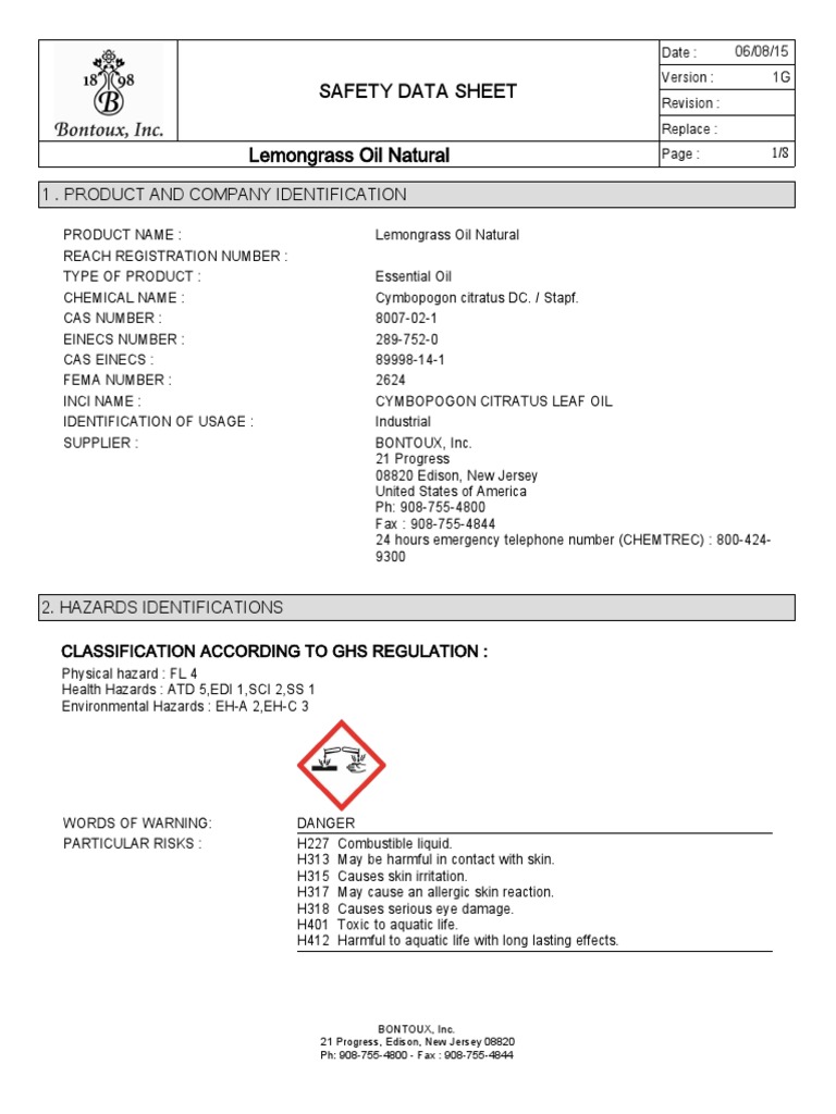 Lemongrass Oil Natural Safety Data Sheet Toxicity Dangerous Goods