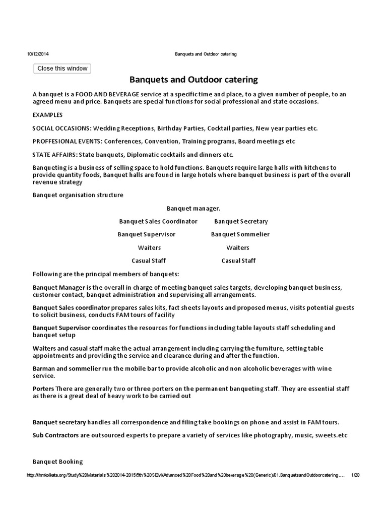 D.A.'s Banquets and Events Overview | PDF | Drink | Food And Drink