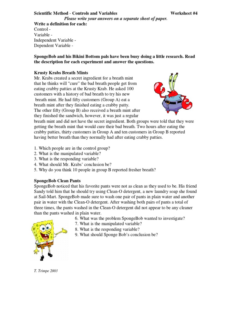 Research  Experiment With Spongebob Scientific Method Worksheet