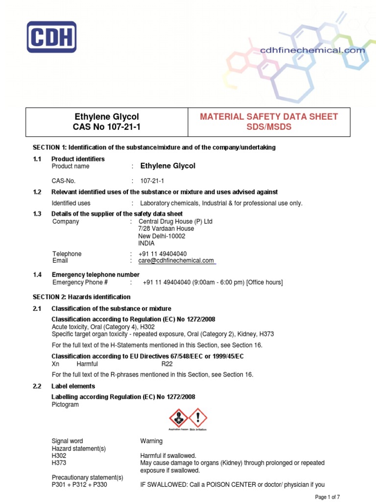 Ethylene Glycol CAS No 107211 Material Safety Data Sheet Sds/Msds