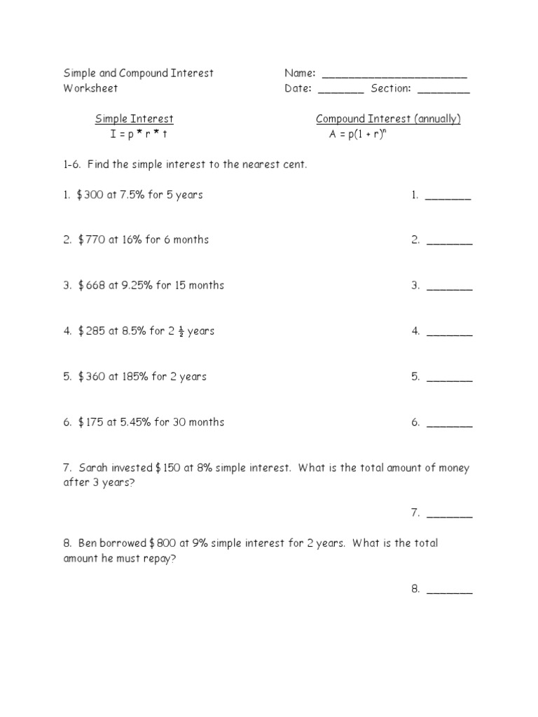 Simple And Compound Interest Worksheet