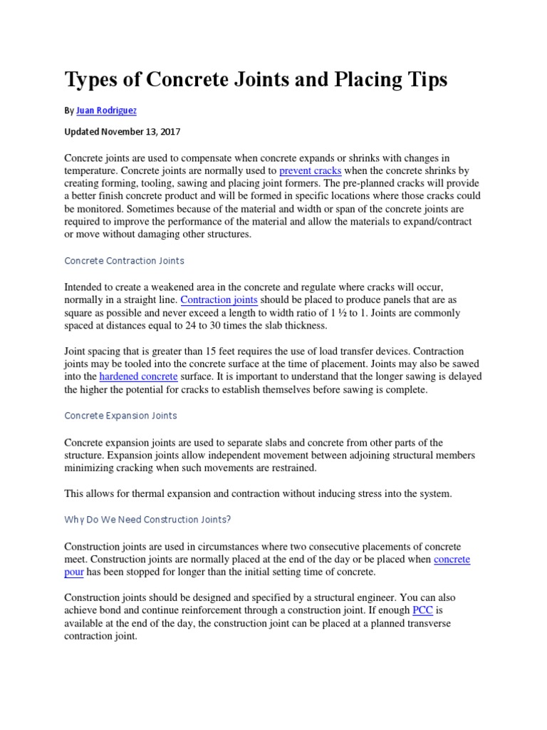 Types of Concrete Joints and Placing Tips PDF Thermal Expansion