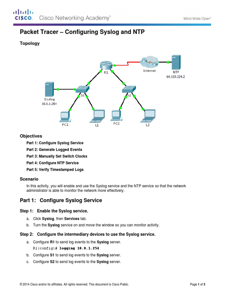 10.2.3.5 Packet Tracer - Configuring Syslog and NTP Instructions | PDF ...