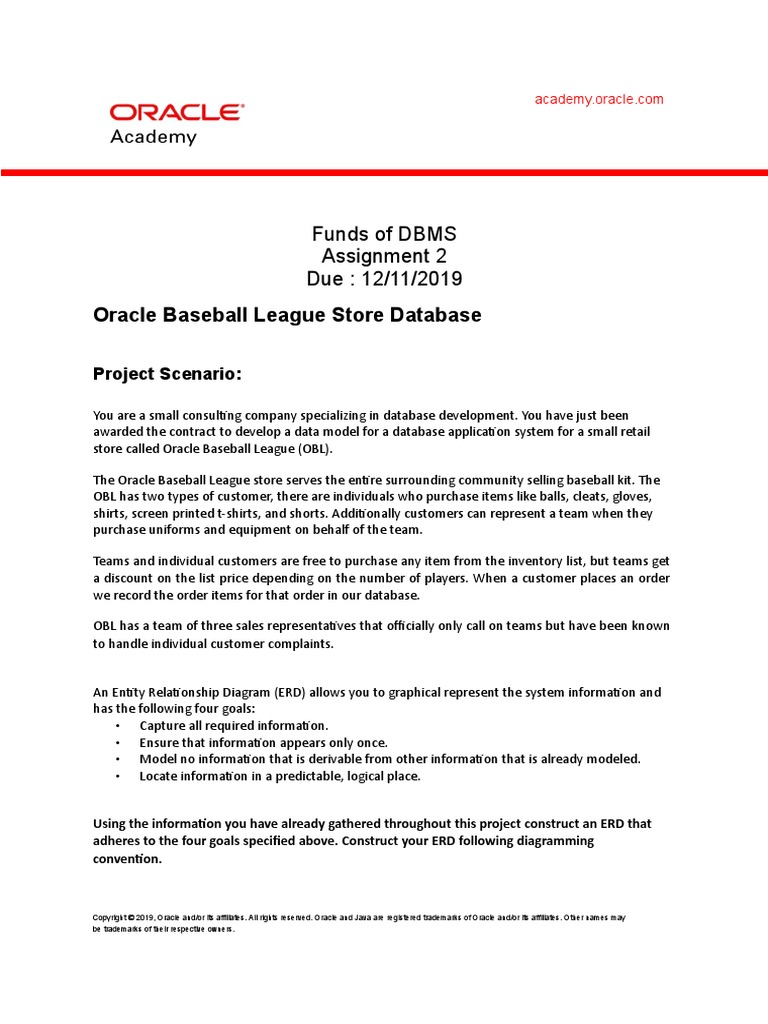 Oracle Baseball League Store Database Funds of DBMS Assignment 2 Due