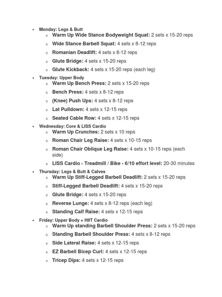Weekly Workout Plan | PDF | Cooking, Food & Wine