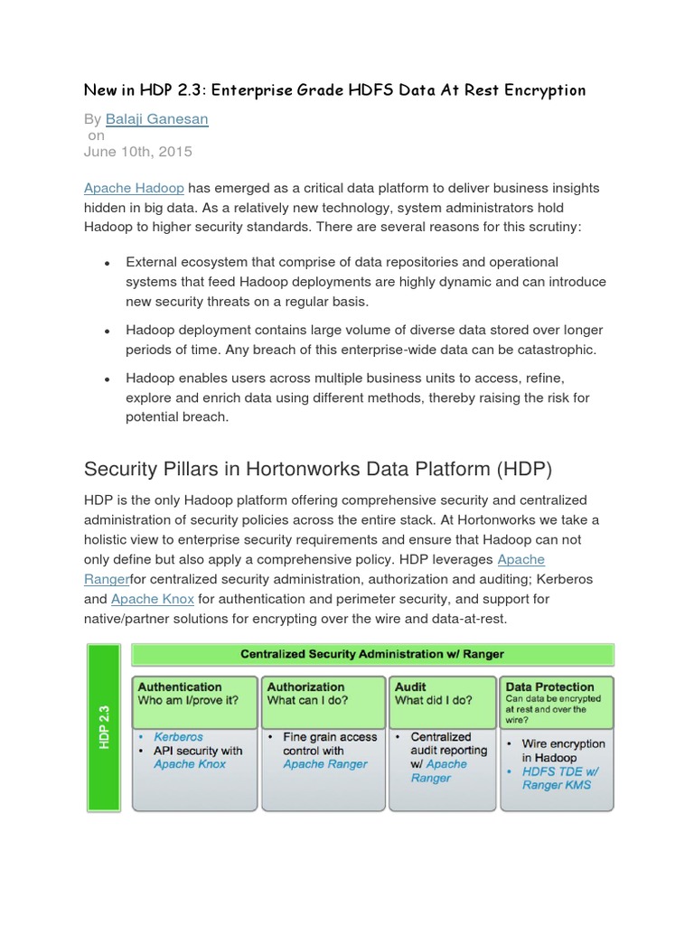 HDFS Data At Rest Encryption in HDP 2.3 | PDF | Apache Hadoop | Encryption