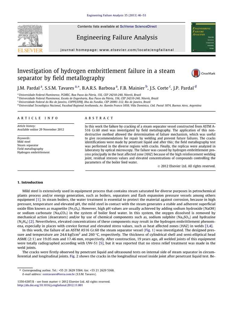Investigation of Hydrogen Embrittlement Failure in A Steam Separator ...