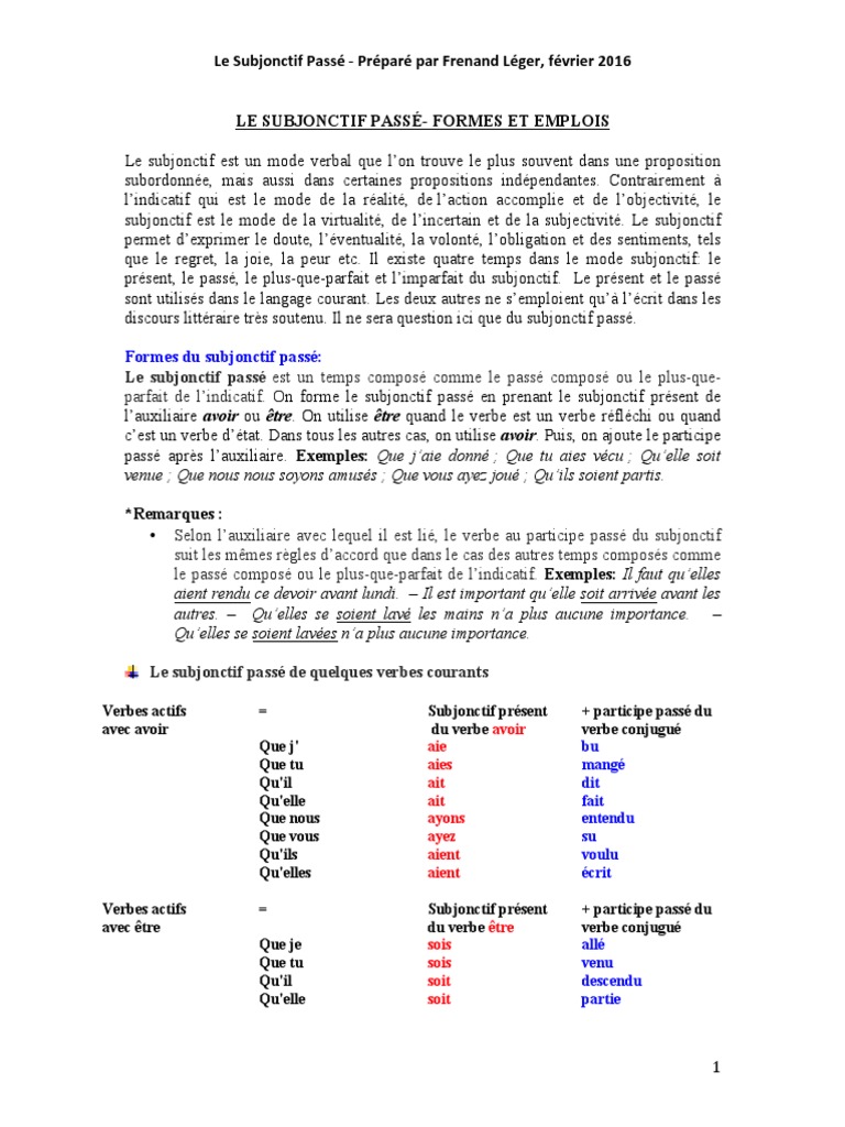 Verbe Avoir Au Subjonctif Présent Le Subjonctif Passe - Formes Et Emplois PDF | PDF | Temps (grammaire) |  Verbe