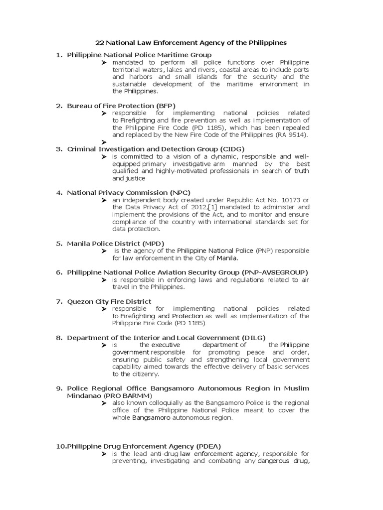 An Overview of the 22 National Law Enforcement Agencies of the Philippines Their Mandates and
