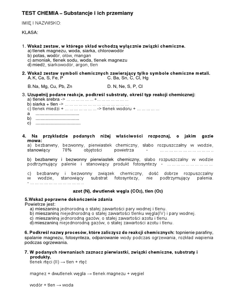Testy Z Chemii Klasa 8 Test-Chemia Dział 1 KL 7 | PDF