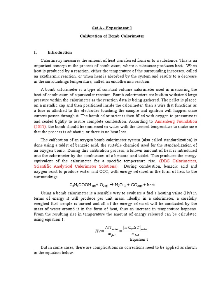 Set A Experiment 1 Calibration of Bomb Calorimeter Annenberg