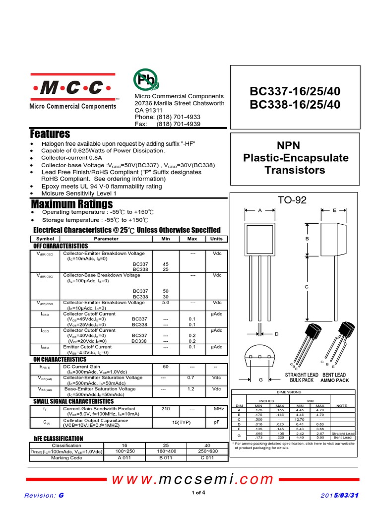 BC337 - 338 (To 92) 276712 PDF | PDF | Bipolar Junction Transistor ...