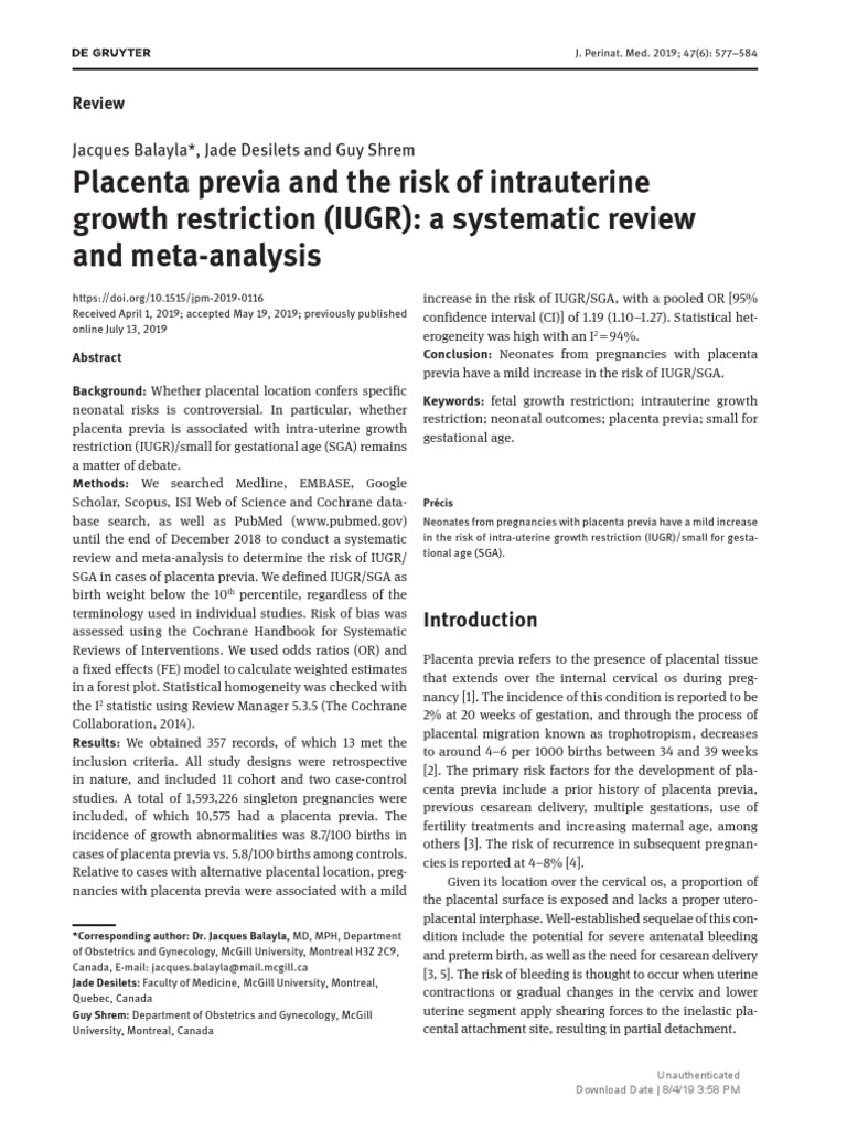 Placenta Previa and The Risk of Intrauterine Growth Restriction (IUGR ...