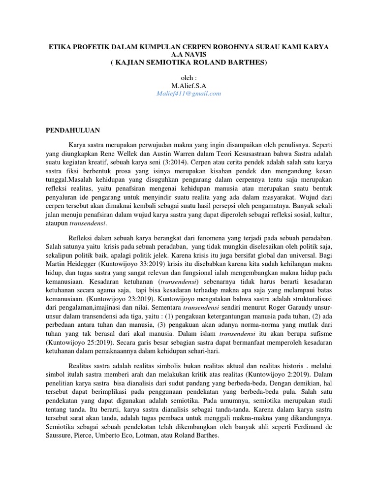 Etika Profetis Dalam Kumpulan Cerpen Robohnya Surau Kami Karya A A Navis