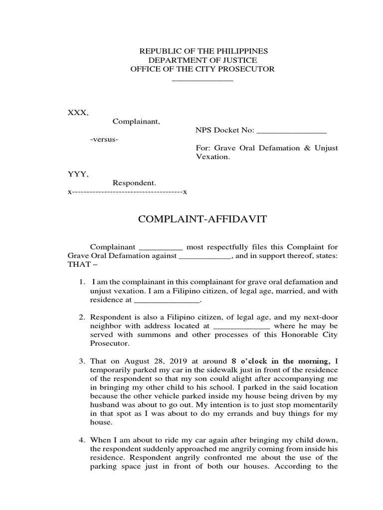 Sample Complaint Affidavit Oral Defamation PDF Defamation Common Law