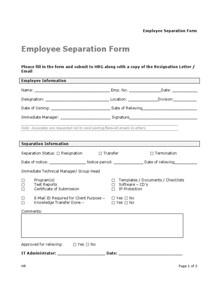 Employee Separation Form Template | PDF | Information Technology ...