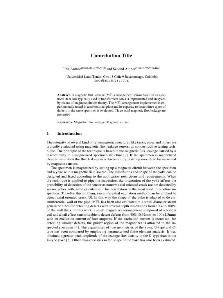 Contribution Title Abstract. A Flux Leakage (MFL) Arrangement