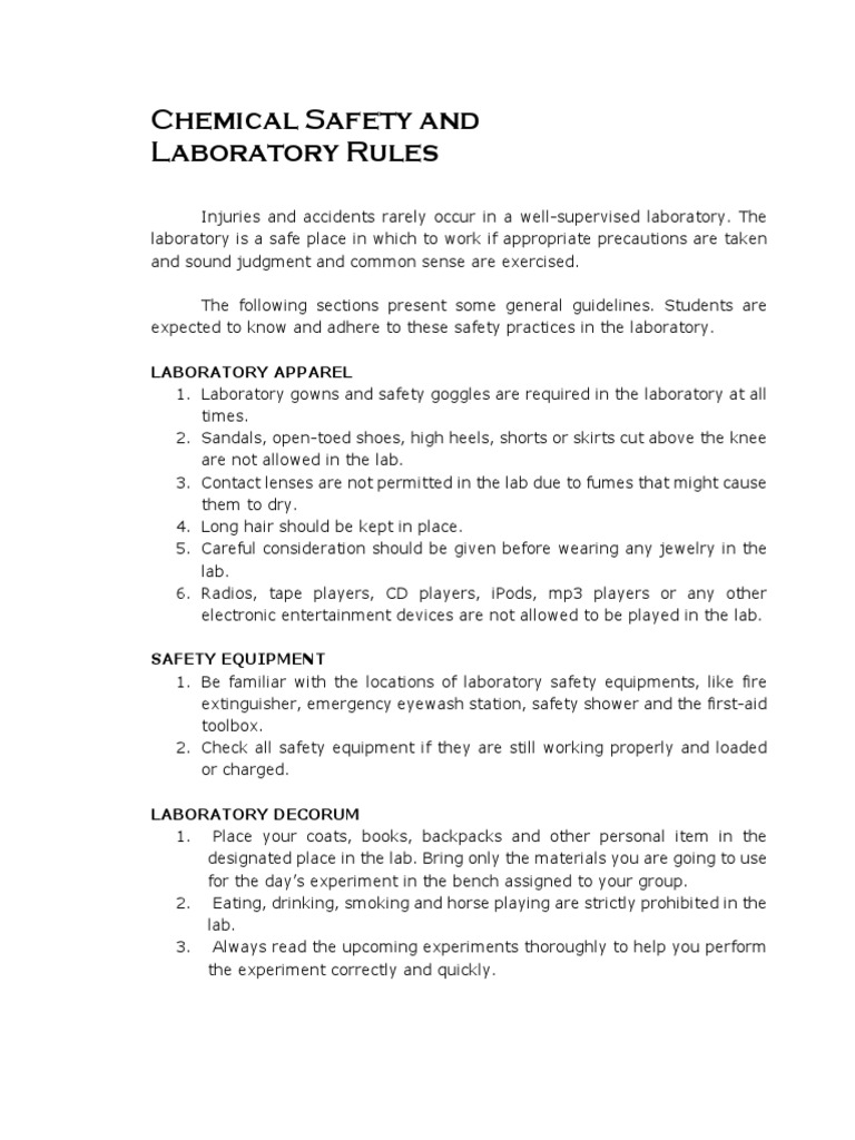 Chemical Safety and Laboratory Rules PDF Laboratories Wound