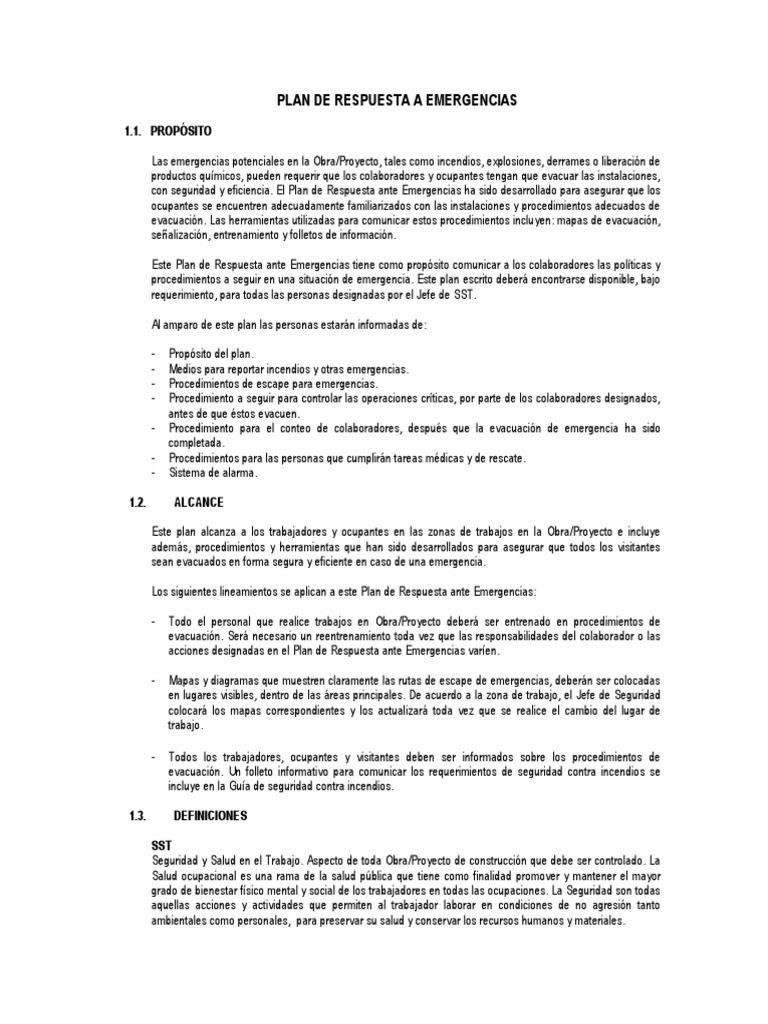 Plan de Respuesta A Emergencias | PDF | Primeros auxilios | Seguridad y ...