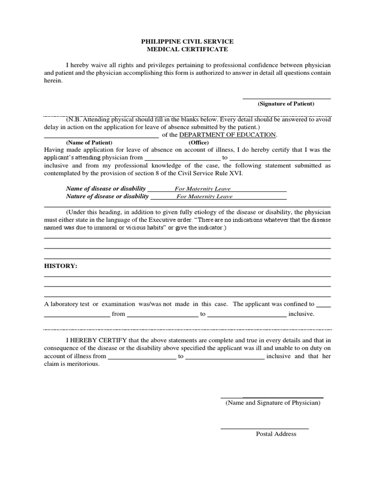 Civil Service Medical Certificate Form | PDF