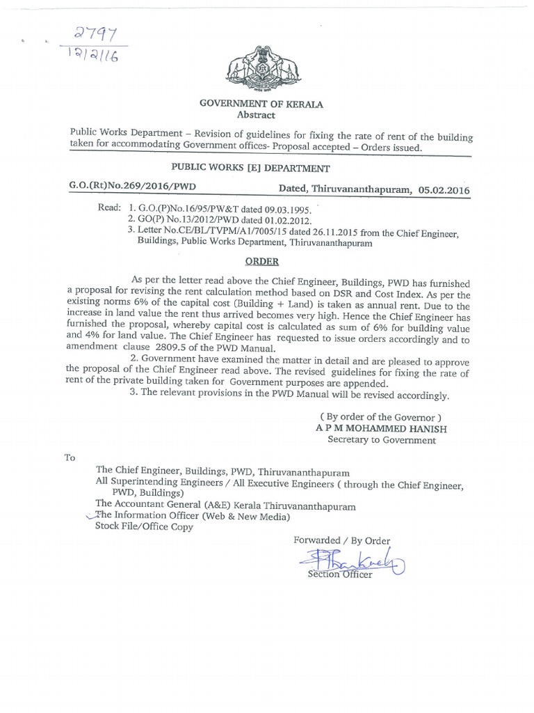 Public Works Department Revision Of Guidelines For Fixing The Rate Of The Building Taken For Accommodating Government Officers Proposal Accorded Orders Issued