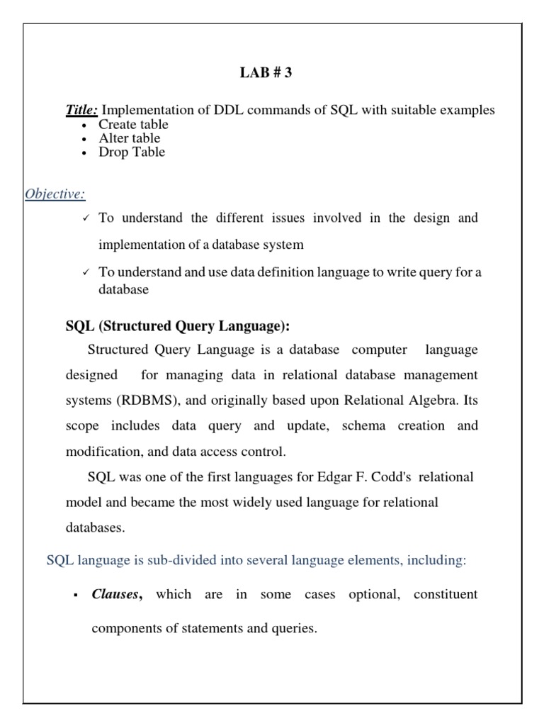 Title: Implementation of DDL Commands of SQL With Suitable Examples ...