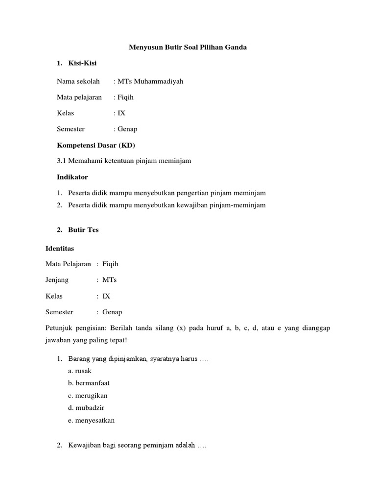 Soal Fikih Kelas 9 Semester Ganjil