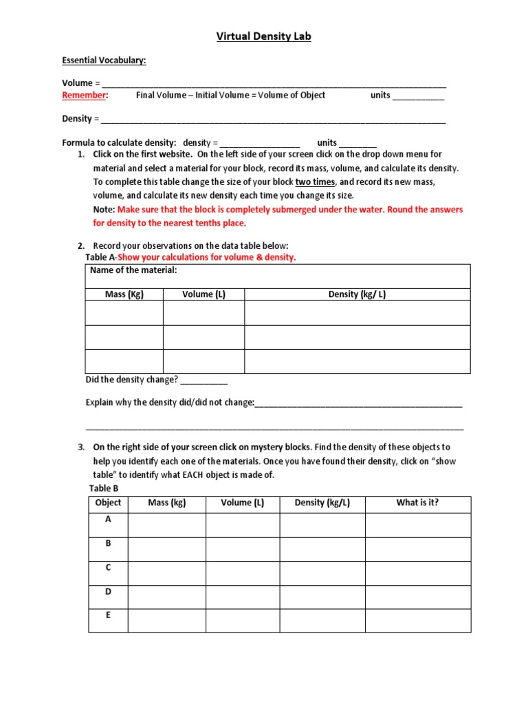 Virtual Density Lab 2018 PDF PDF Density Volume