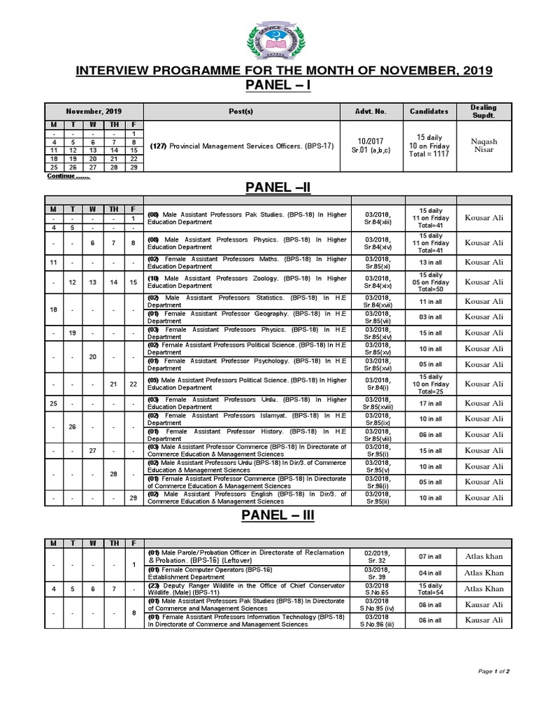 Panel - I: Interview Programme For The Month of November, 2019 | PDF ...