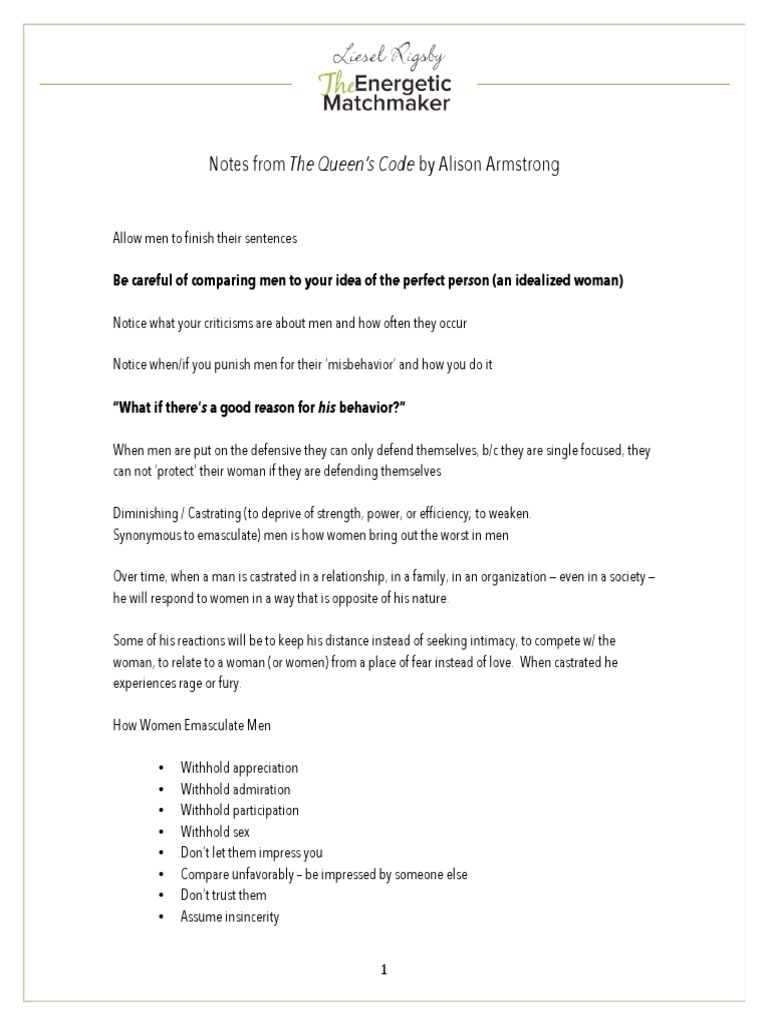 Notes From The Queens Code by Alison Armstrong PDF PDF Gender