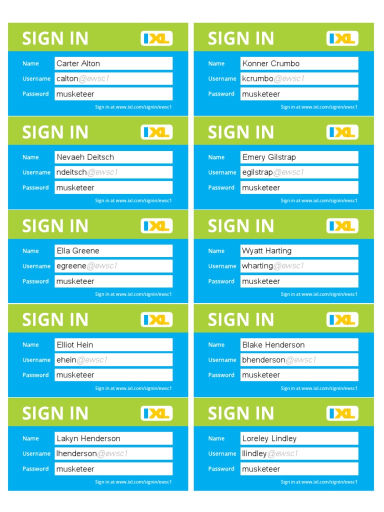 Ixl Username and Password Cards PDF