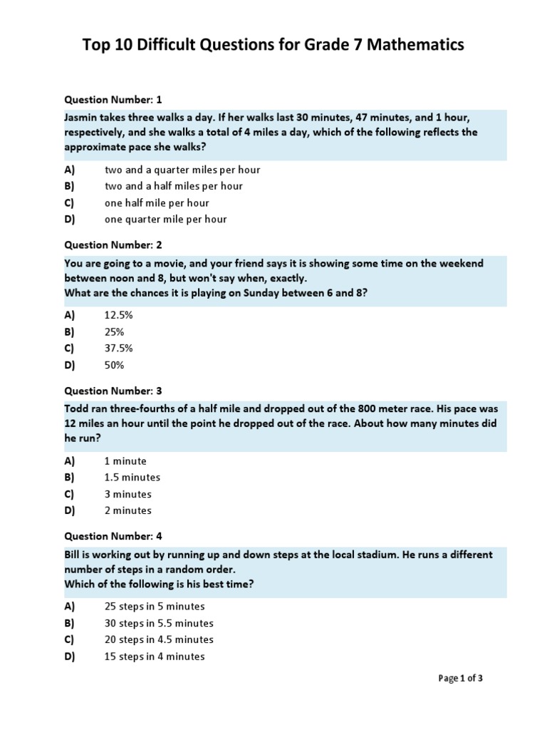 Top 10 Difficult Questions For Grade 7 Mathematics: Page 1 of 3 | PDF ...