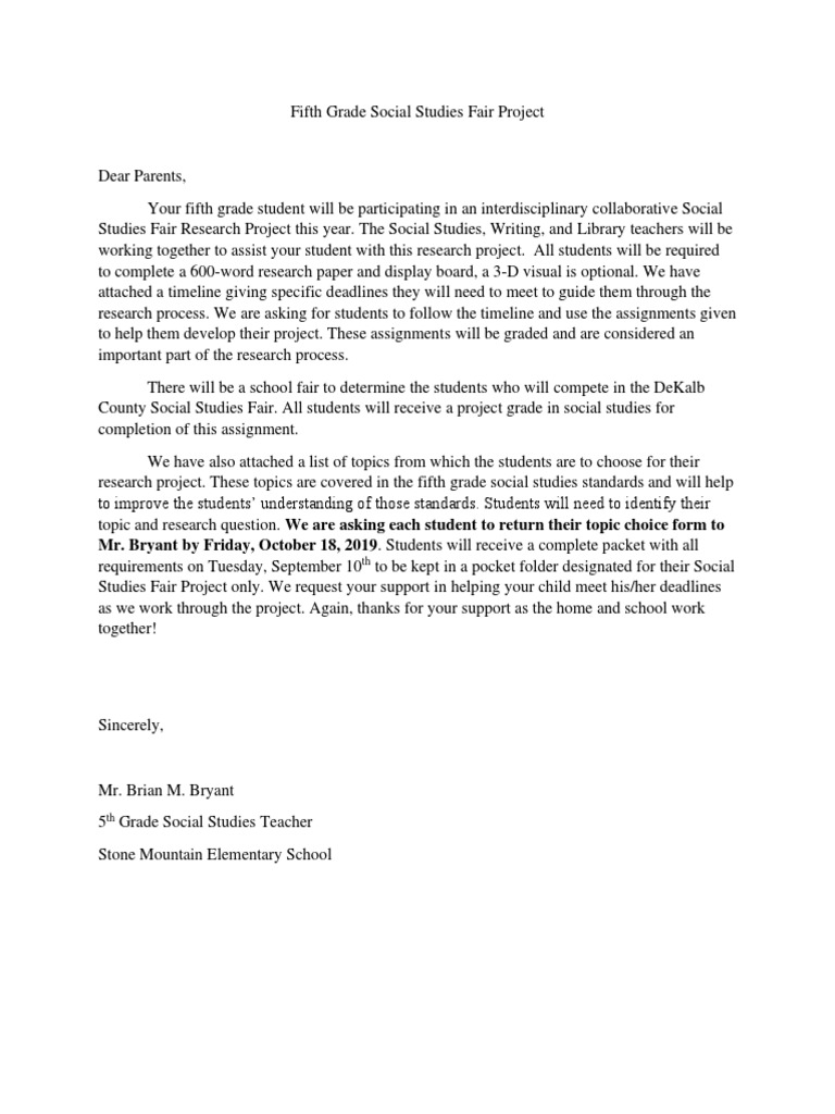 5th Grade Social Studies Fair Packet 2019 2020 PDF The United
