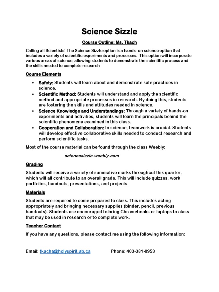Science Sizzle Option Outline | PDF