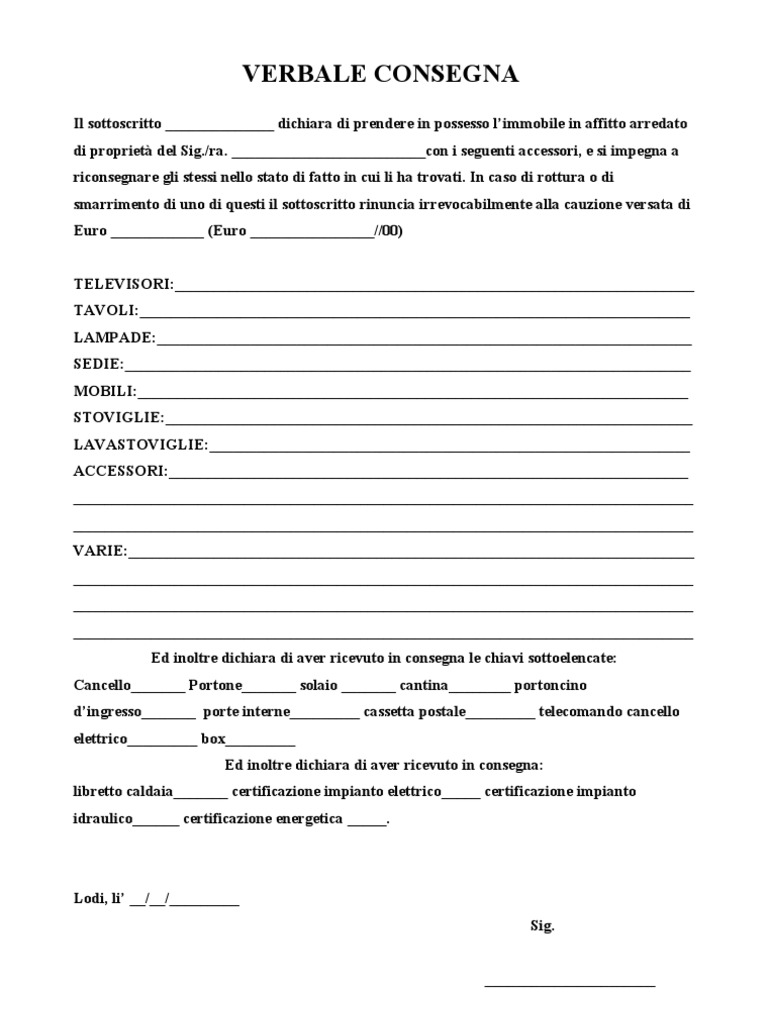 Verbale Consegna Per Casa Arredata