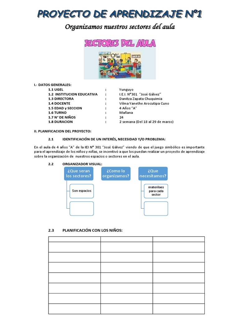 Proyecto de Aprendizaje N°1 Organizamos Nuestras Aulas 2019 | PDF ...