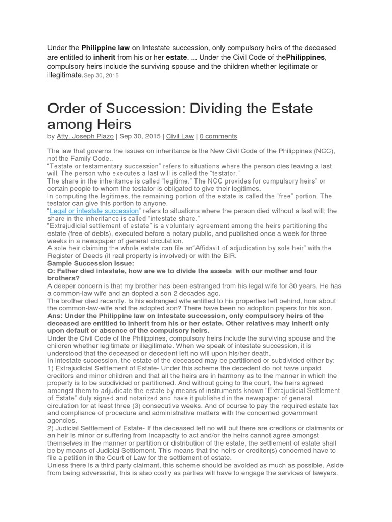 Philippine Intestate Succession Guide | PDF | Intestacy | Will And ...