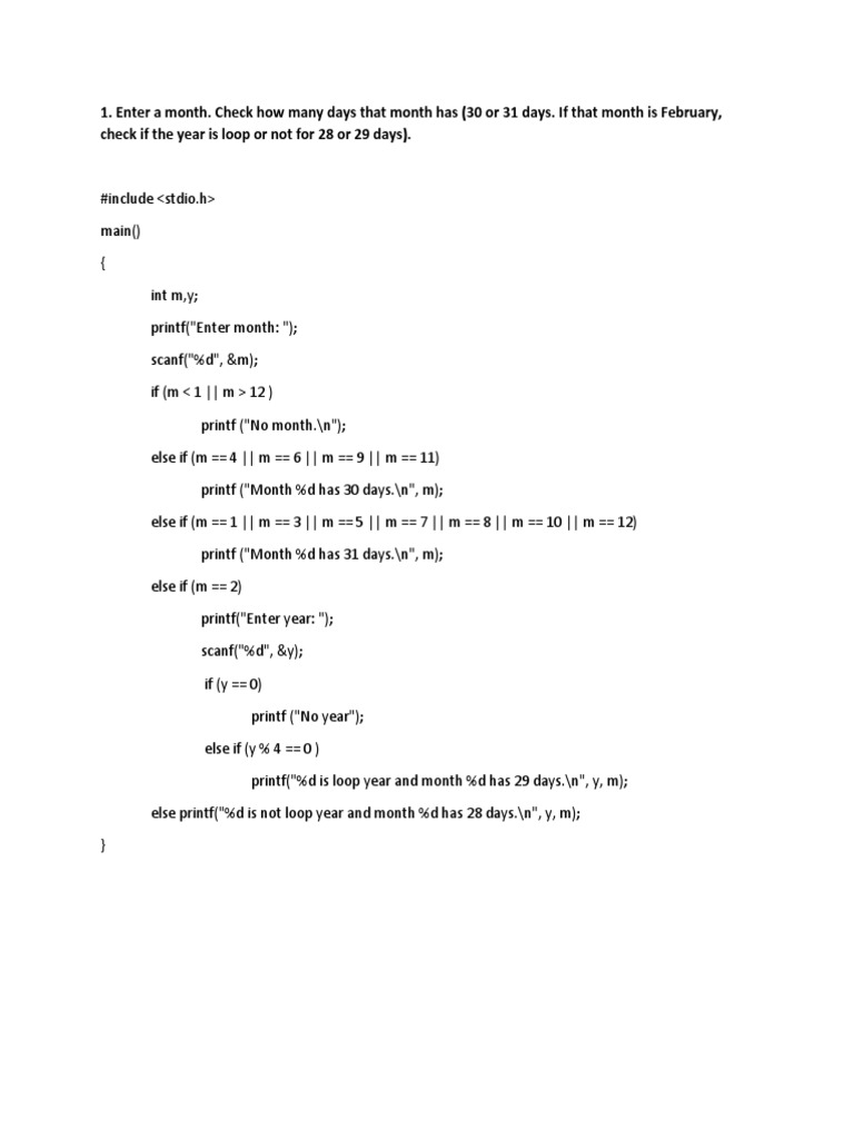 Enter A Month. Check How Many Days That Month Has (30 or 31 Days. If ...