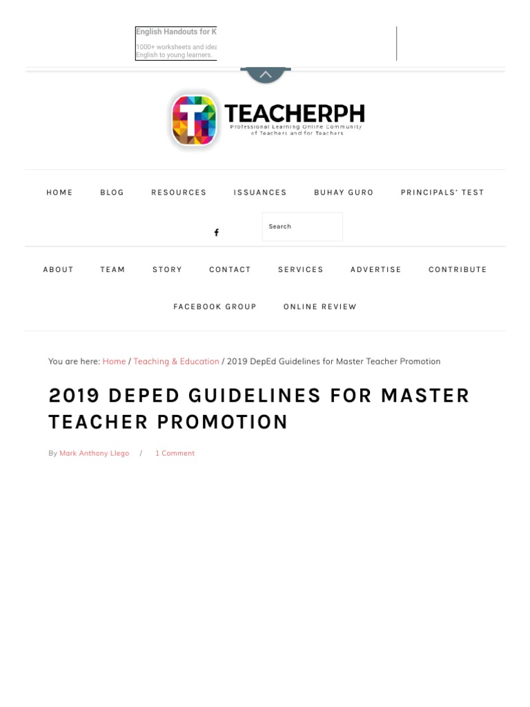 2019 DepEd Guidelines For Master Teacher Promotion - TeacherPH | PDF ...