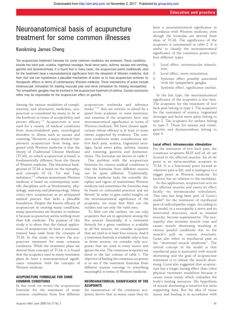 Neuroanatomical Basis of Acupuncture Treatment For Some Common ...