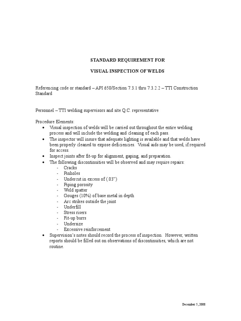 Standard Requirement For Visual Inspection of Welds: December 5, 2008 | PDF