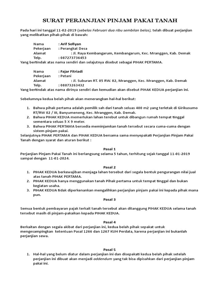 Surat Perjanjian Pinjam Pakai Tanah F4 Pdf